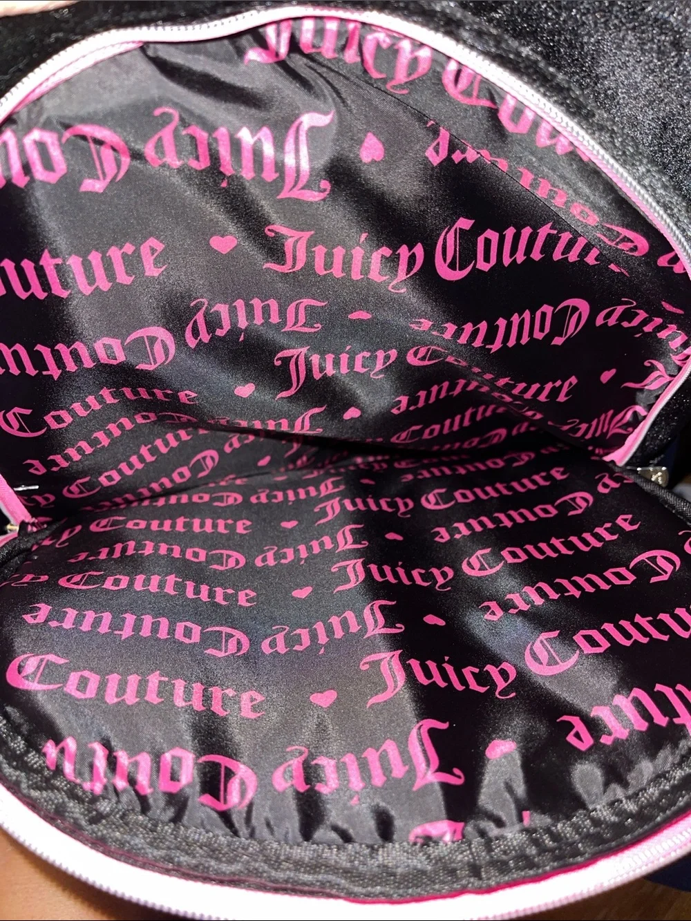 Juicy Couture Black Velvet Kids Backpack with Pink Trim and Rhinestones